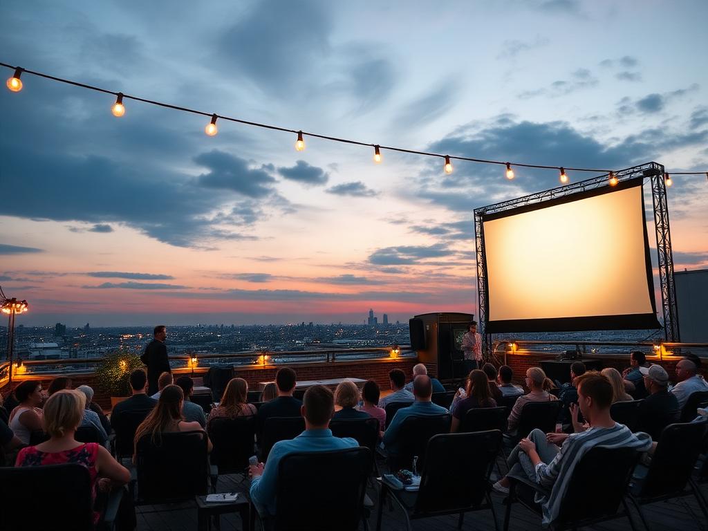 Outdoor rooftop cinema at dusk with string lights and a glowing screen