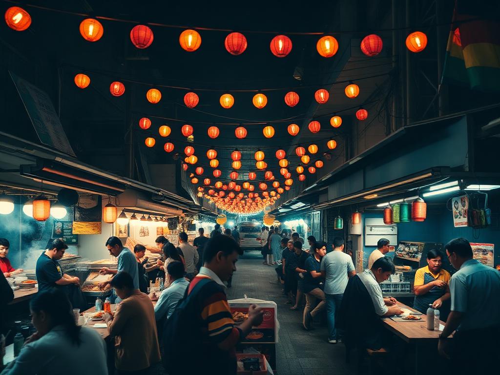 Busy night food market lit by rows of paper lanterns